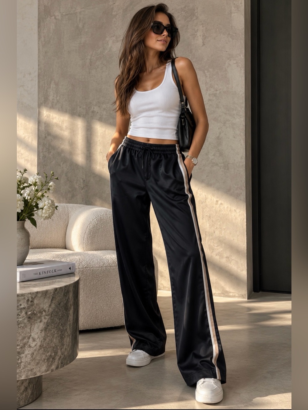 Wide-Leg Side-Strip Track Pants - Black